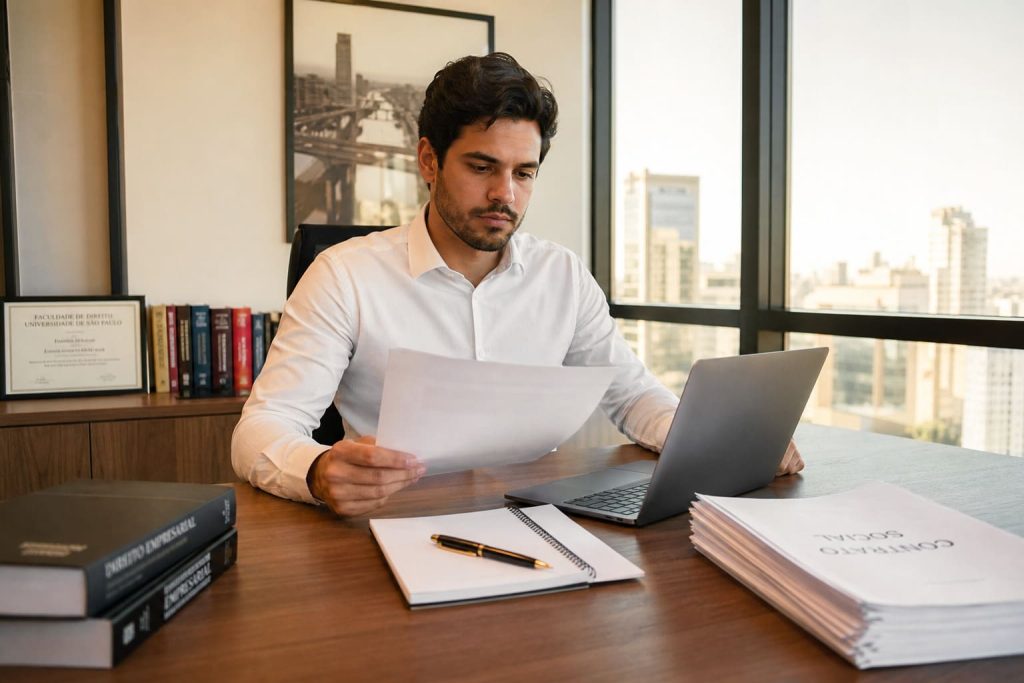 Contador empresarial revisando contrato escritorio