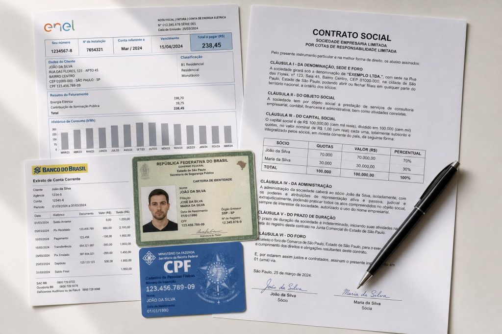 Documentos empresariais contrato social cpf extrato bancario