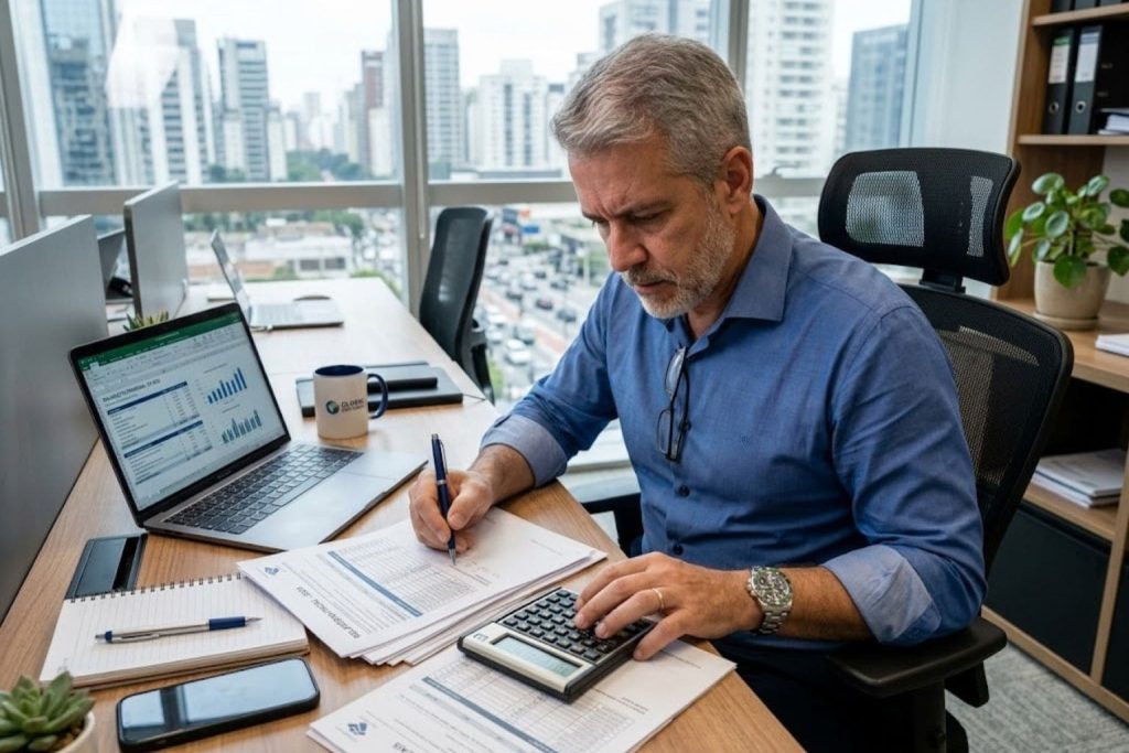 Empresário vestindo camisa social sentado em sua mesa de escritório analisando documentos fiscais