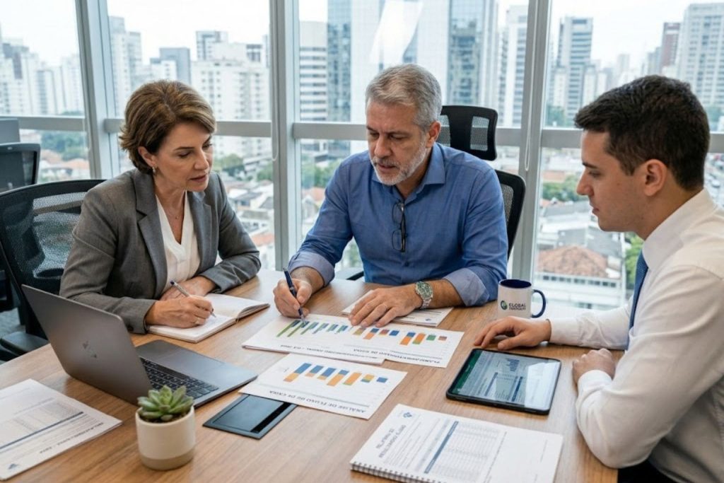 Equipe de um contador e dois gestores reunidos em uma sala de reunião discutindo planejamento financeiro
