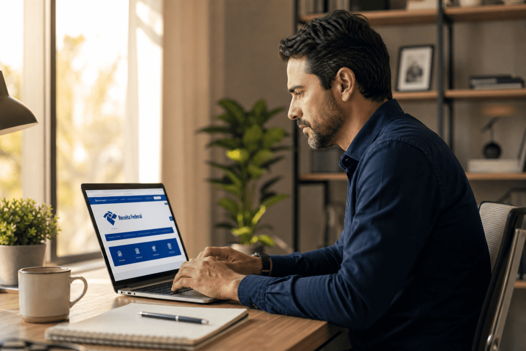 Homem acessando o site da Receita Federal