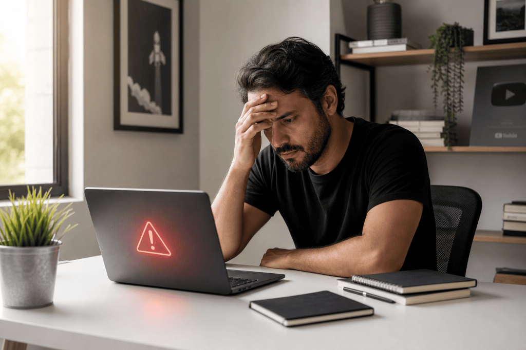 Homem preocupado com alerta no notebook