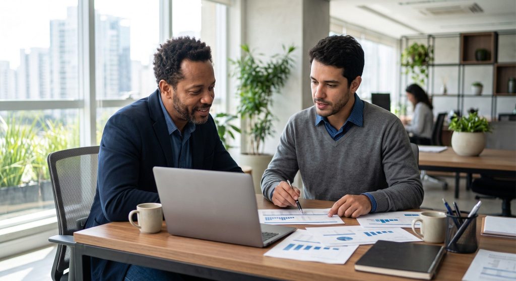 Profissionais de contabilidade em reunião analisando relatório financeiro conjunto com laptop