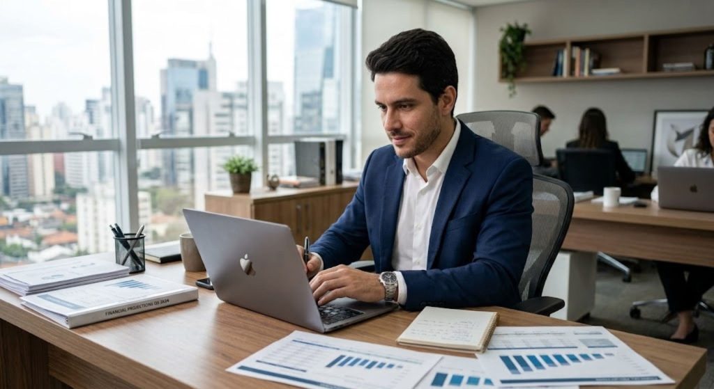 Profissional de Contabilidade trabalhando Laptop em seu escritório