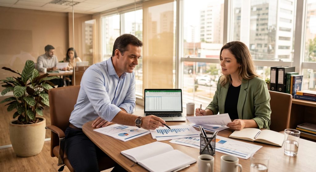 Consultor e empresária avaliando relatórios financeiros para planejamento