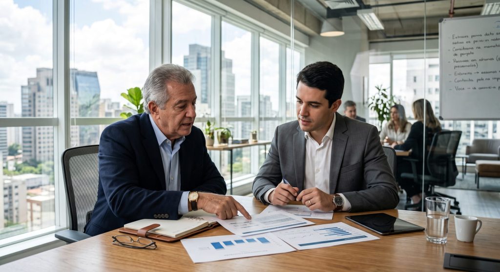 Fundador e sucessor analisando documentos em reunião sobre sucessão empres